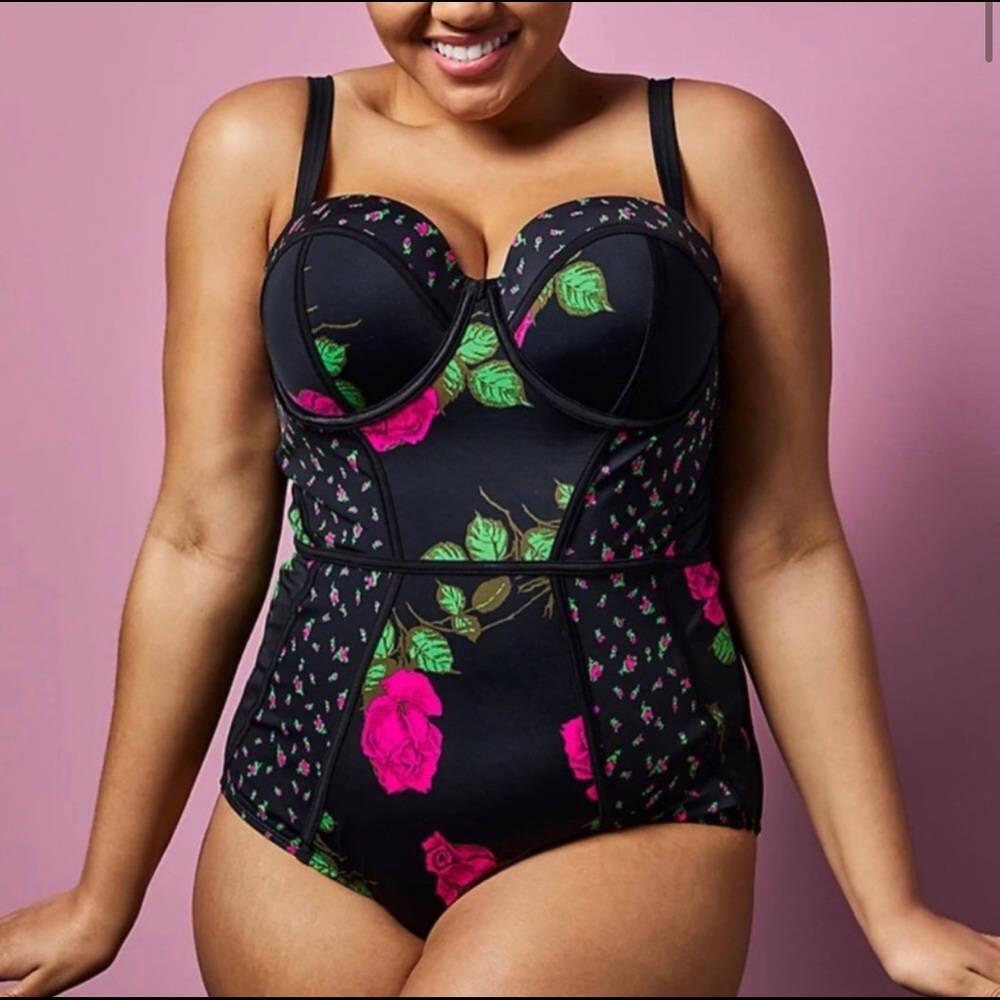 Torrid Betsey Johnson Pink Rose Black Swimsuit 4X